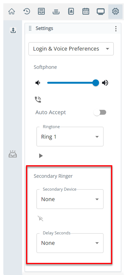 The Secondary Ringer section in Settings is on the Login and Voice Preferences page.