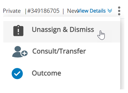 The More icon, three vertical dots, is clicked, and the cursor hovers over the Consult/Transfer icon: a person with a plus sign.