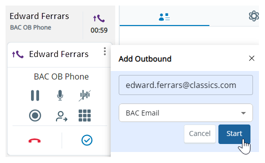 More > Add Outbound has been clicked. In the pop-up that appears, the agent has entered an email and selected a skill.