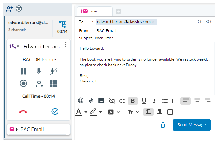 A new interaction for the outbound email appears in the interactions menu.