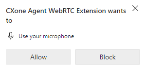 The pop-up says Agent WebRTC Extension wants to use your microphone. The buttons say Allow and Block.