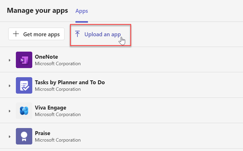The Manage your apps page in Microsoft Teams. The cursor hovers over the Upload an app option.