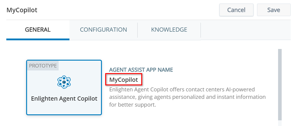 The profile name appears on the General tab in Agent Assist Hub, under Agent Assist App Name.