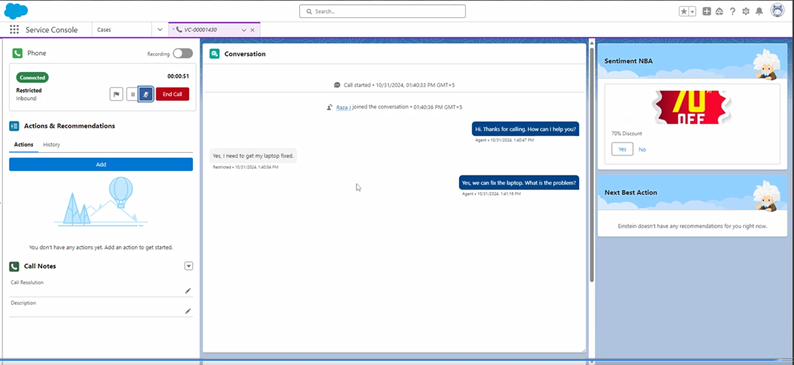 The Conversation window in Salesforce showing an inbound conversation between contact and agent with the Senitment NBA feature displaying a suggestion. 