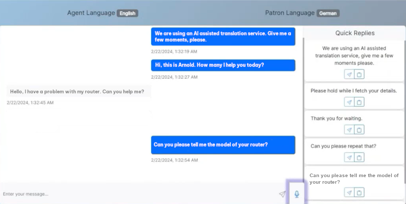 Example of the agent interface showing the transcriptions as a conversation thread.