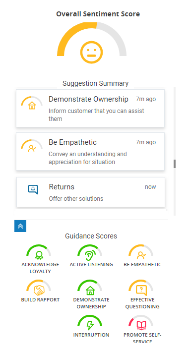 The Real-Time Interaction Guidance window as it appears to agents. The overall sentiment score is at the top, the suggestion summary in the middle and the guidance scores. 