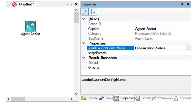 The Agent Assist action in Studio, showing the assistLaunchConfigName property set to a RTIG profile name. 
