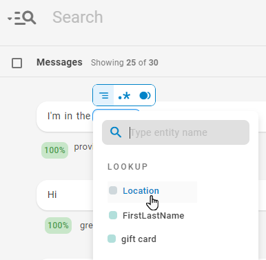 Image shows adding an example to the Location entity from an NLU Inbox message