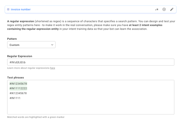 Screenshot of the fields to create a regex entity