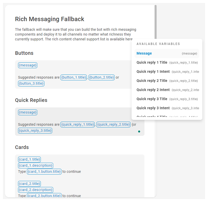 Screenshot of the settings page for Rich Messaging Fallback, where you can configure alternate responses for rich messages.