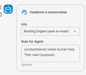 Slots being used as variables in the Note for Agent field in the Handover bot response action.