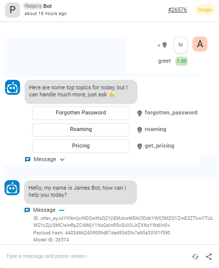 The Talk to Your Bot chat window in Bot Builder, showing messages from a user and the bot replies.