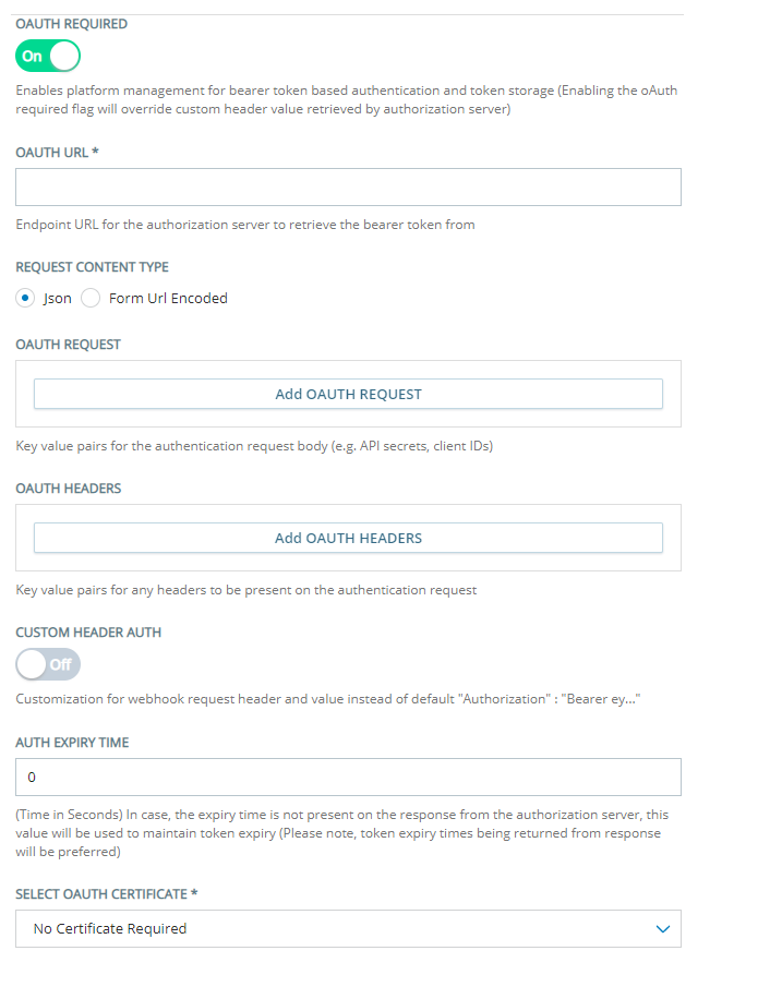 The OAuth Required section of the Custom Exchange Endpoints Configuration page, where you configure dynamic authentication with OAuth.