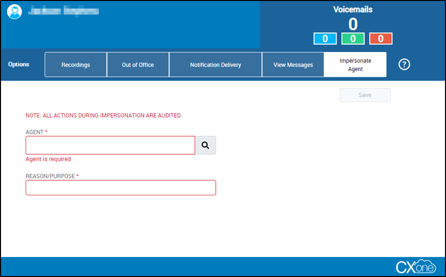 Agent field and Reason/Purpose fields you will fill out to impersonate a user