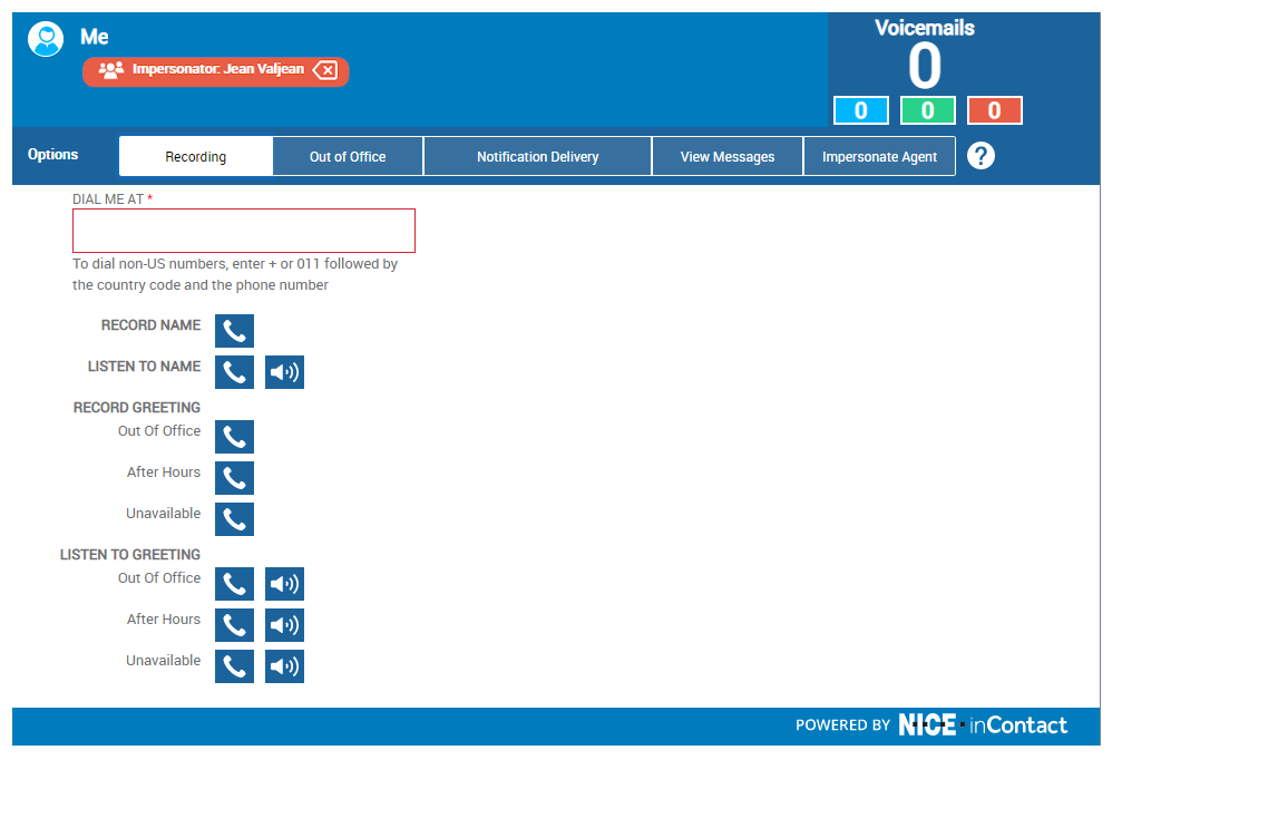 The CXone Attendant page showing the message at the top that an administrator is impersonating the logged-in user.