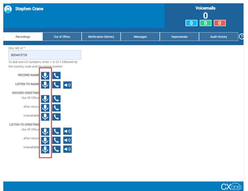 

The Recording tab in Attendant, where you can record or listen to your voicemail name and greeting.