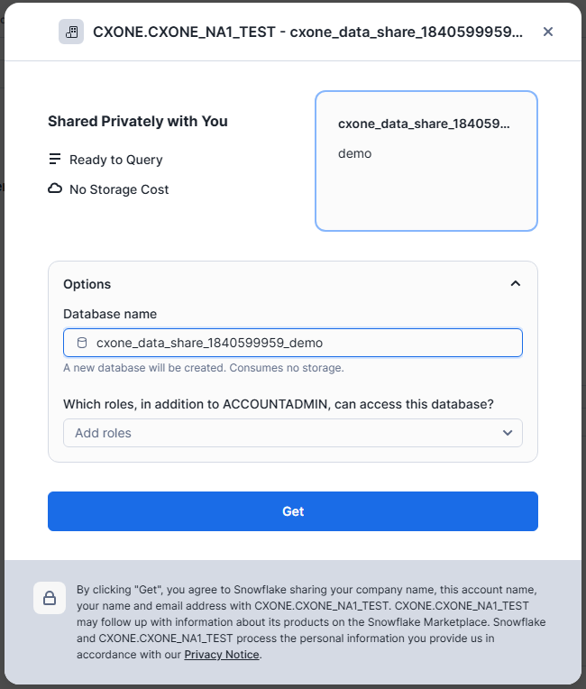 Screenshot of Snowflake database details