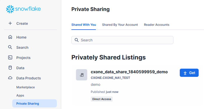 Screenshot of Snowflake private listing selections shared with you