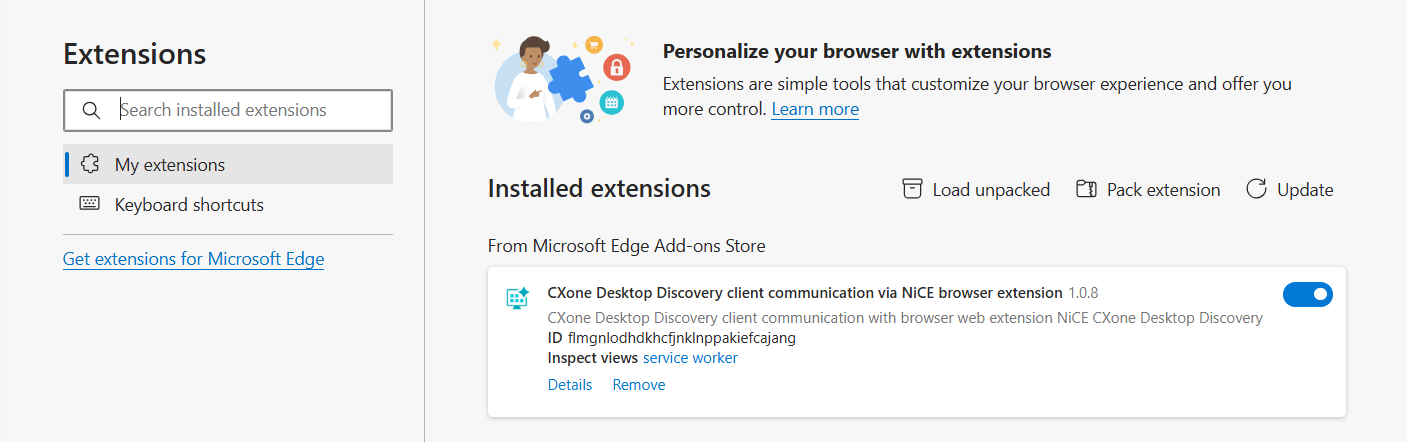 Image of Desktop Discovery Client communication extension for Edge browser.