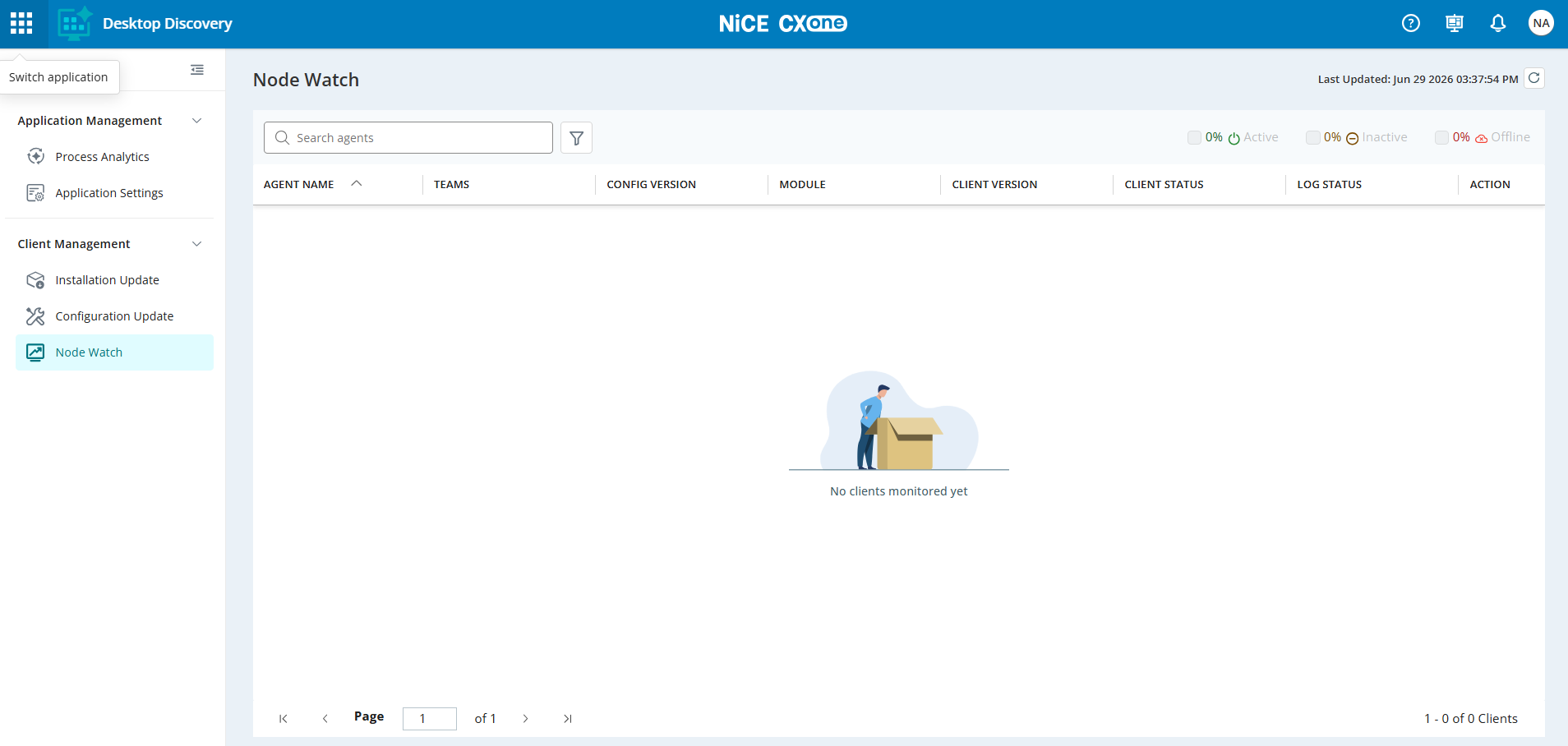 Image of the Node Watch page with no data.