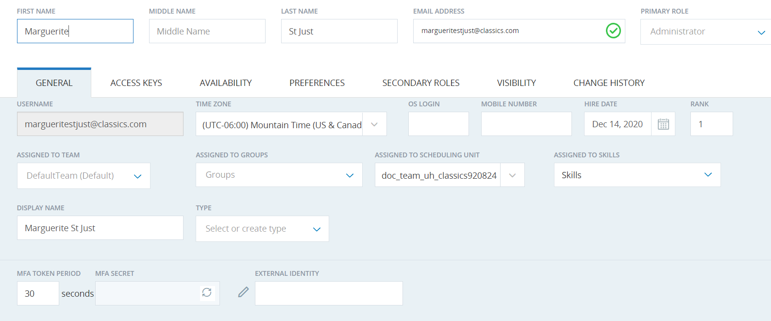 Employee record in CXone showing MFA-specific fields