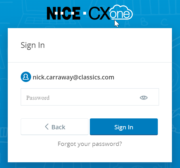 CXone second login screen, where users enter their password