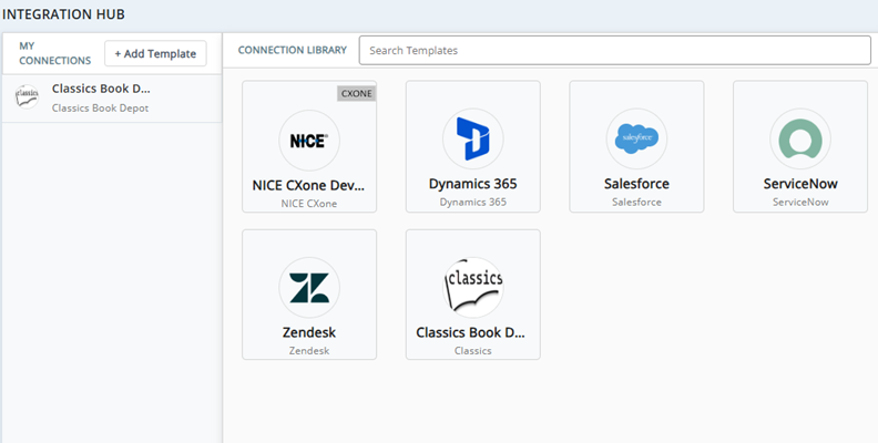 Integration Hub, showing the My Connections list on the left and the connection library on the right.