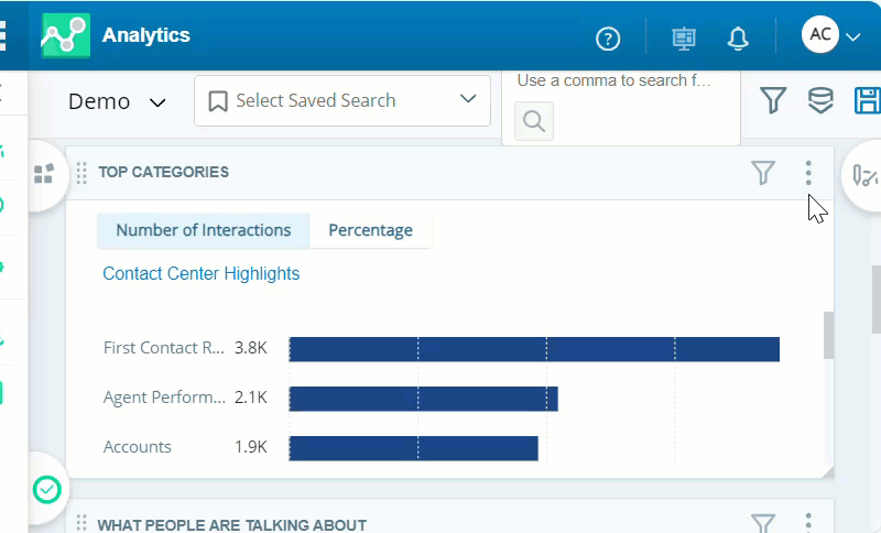 Adjusting widget Settings for to display Self-Service category and adding a filter for Interactions Duration Seconds.