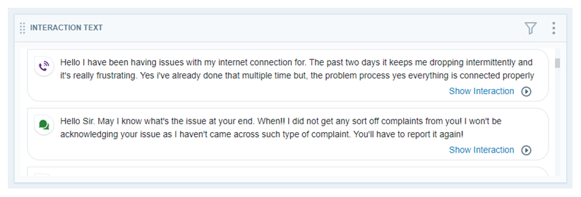 Interactions Text widget showing the first couple sentences of 2 interaction transcripts.