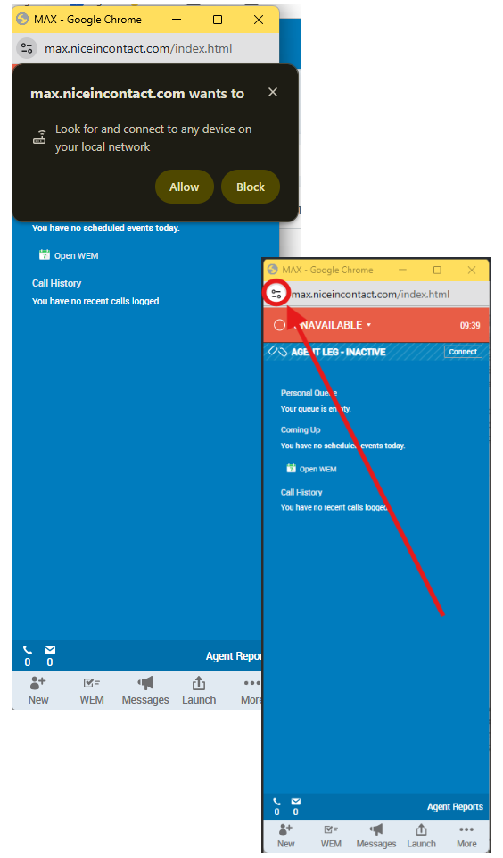 Browser pop-up asking for local network access with Allow and Block buttons, and a MAX interface showing status as Available.