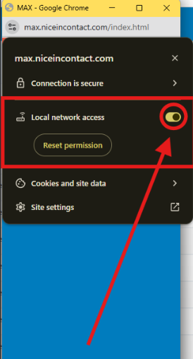 Browser site settings menu for max.niceincontact.com showing Local network access option and Reset permission button, accessed by clicking the lock icon in the address bar.