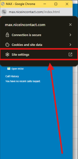 Browser site settings menu for max.niceincontact.com with Site settings option highlighted.