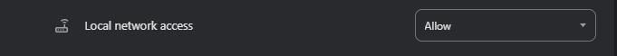 Browser settings page showing Local network access option set to Allow.