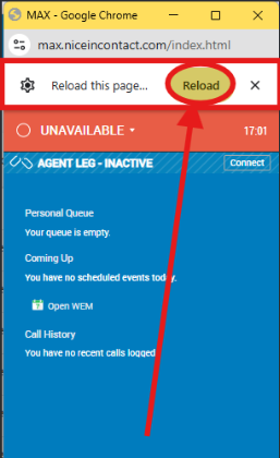 Browser pop-up in MAX interface showing Reload this page option with Reload button highlighted.