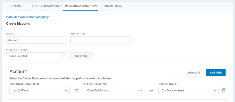 On the Data Memorialization tab in Agent Integrations, Call Duration (sec) is selected in the CXone Data drop-down.