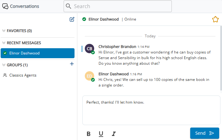 Direct messages sent back and forth in Conversations inside the agent application.