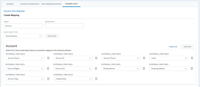 The Dynamic Data tab in Agent Integrations > Configurations. Ten fields are added for one entity.