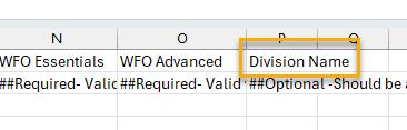 The bulk upload template for teams showing the new Division Name column.
