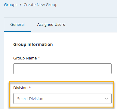 Image of the new Division field on the General tab of the Create New Group page in Admin.