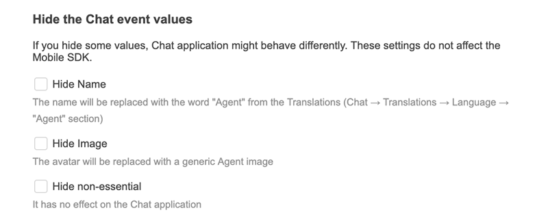 Under Hide the Chat event values, there are three checkboxes: Hide Name, Hide Image, and Hide non-essential.