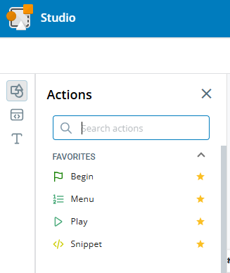 The Actions palette in a script showing the new Favorites category with several actions that have been added to it.