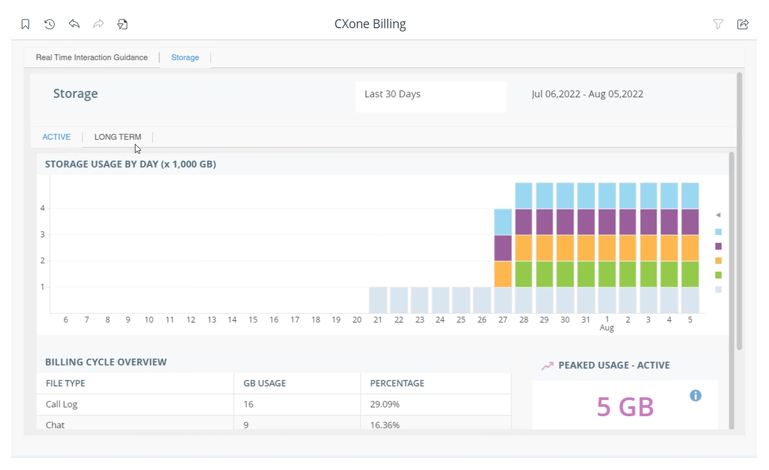 The Storage tab in the CXone Billing report, showing Storage Users by Day, Billing Cycle Overview, and Peaked Usage - Active