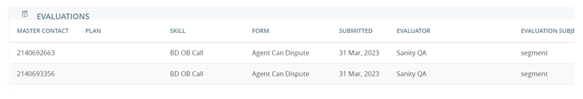 The Evaluations widget: a table showing data for the agent's evaluations.