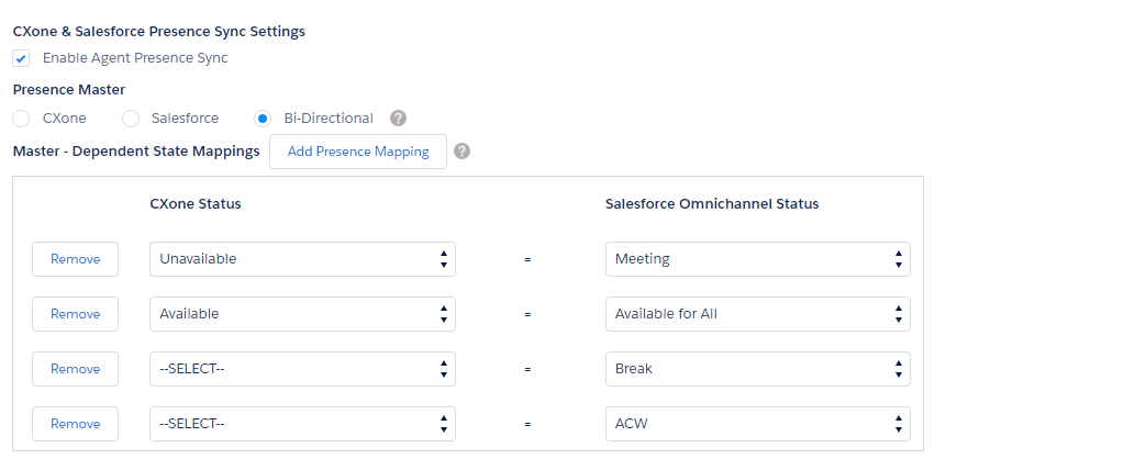 Salesforce Agent Settings, with these sections: CXone and Salesforce Presence Sync Settings, Presence Master, and Master - Dependent State Mappings.