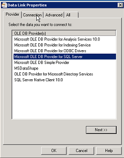 The Data Link Properties window showing the Provider tab.