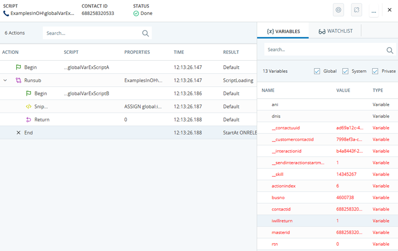 The trace from when the script returns to Script A. The script still contains the iwillreturn variable, but it's no longer global. 