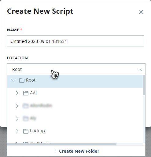 The Create New Script page with the Location drop-down showing the Create New Folder option at the bototm.
