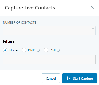The Capture Live Contacts window, where you can configure the options to capture a trace on a live interaction.