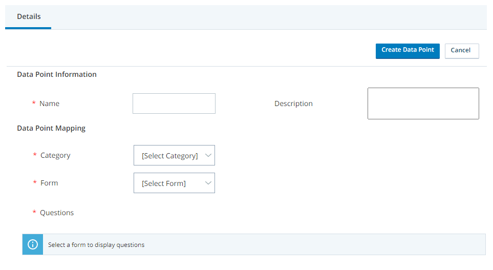 The Data Point page in WFI. Contains fields for the data point's name, description, category, form, and questions.